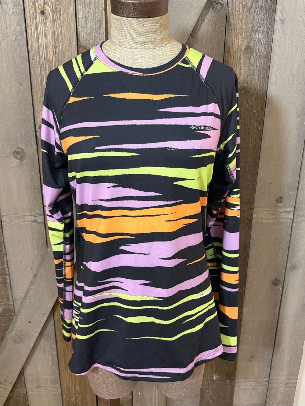 Columbia Black Neon Abstract Stripe Long Sleeve Athletic Performance Top Retro